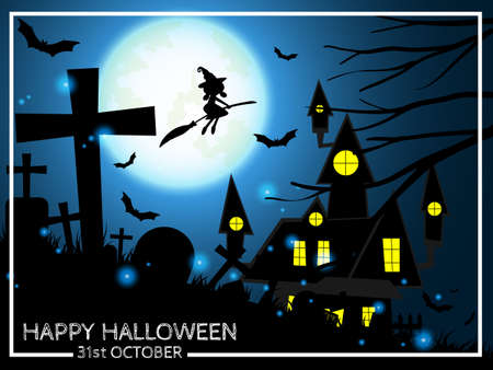 Halloween background with silhouette of witch flying and Happy Halloween 31st October text.のイラスト素材
