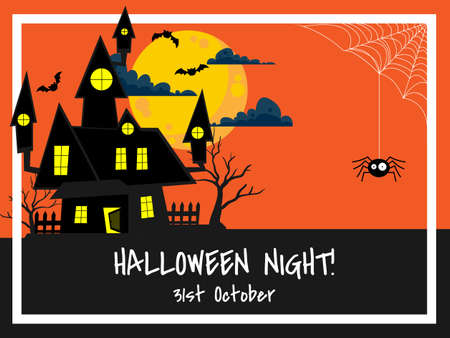 Halloween background with Haunted House and Halloween Night! text.のイラスト素材