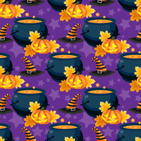 Halloween seamless pattern with witch hat, Halloween pumpkin lantern, potion pot and Happy Halloween 31st October text.のイラスト素材
