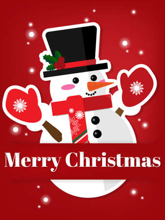 Vector illustration of Paper art carving of snowman under Merry Christmas text in white on red background. Background paper art style. Design for Xmas and New year holidays.のイラスト素材