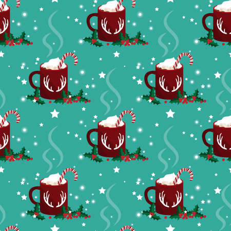 Red mug of hot chocolate with marshmallow and candy canes seamless pattern.のイラスト素材
