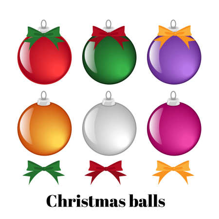 Set of colorful christmas balls and ribbons. Vector illustration of christmas elements isolated on white background.のイラスト素材