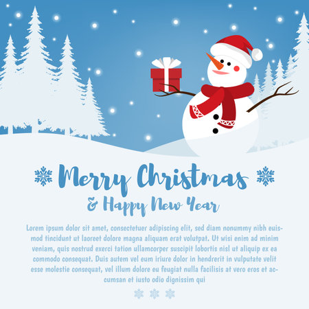 Landscape with white pine trees and snow man with santa hat. Design for Merry Christmas, Happy New Year or Happy Holidays Greeting Card.のイラスト素材