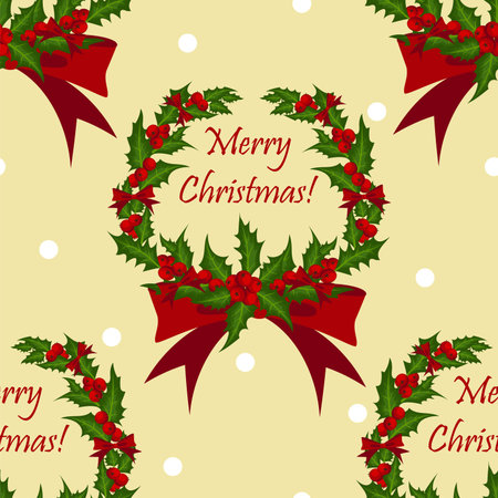 Christmas wreath decorated with holly berries branch and ribbon seamless pattern. Design decoration for Merry Christmas holiday. Vector illustration.のイラスト素材