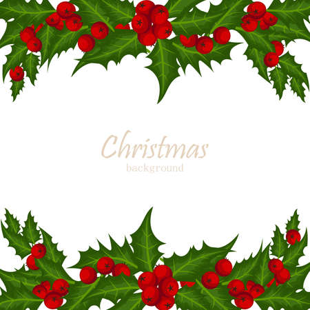 Christmas holiday season background with Holly berries branch. Xmas greeting card.のイラスト素材