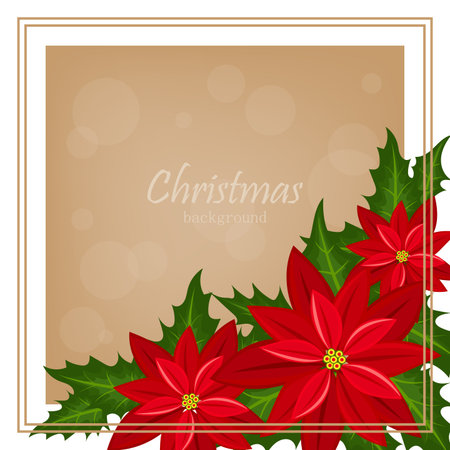 Christmas holiday season background with Red Poinsettia christmas flower. Xmas greeting card.のイラスト素材