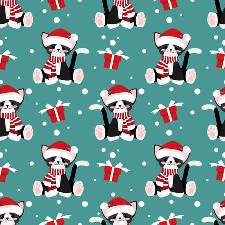 Cute Cat with Santa hat, Giftbox and snowflake seamless pattern. Cute Christmas holidays cartoon character background.のイラスト素材