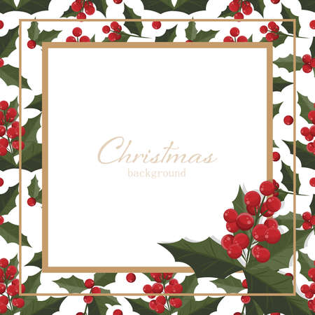 Christmas holiday season background with holly berries branch. Xmas greeting card.のイラスト素材