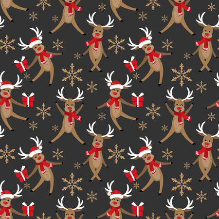 Cute reindeer and giftbox seamless pattern. Cute Christmas holidays cartoon character background.のイラスト素材