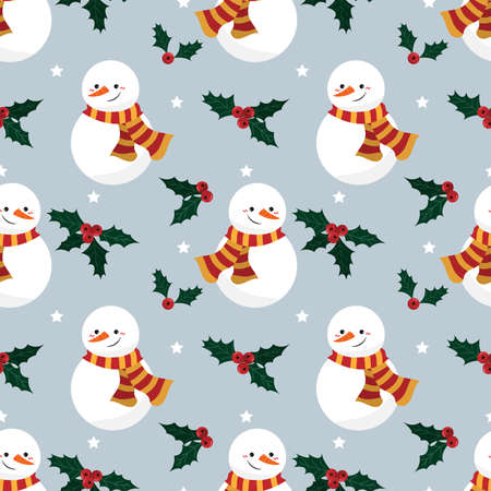 Snowman, holly berries and star seamless pattern. Cute Christmas holidays cartoon character background.のイラスト素材