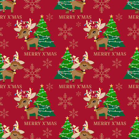 Red nose reindeer with Christmas tree seamless pattern. Cute Christmas holidays cartoon character background.のイラスト素材