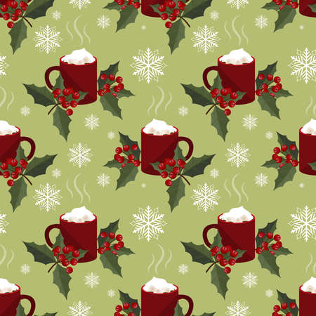 Red mug of hot chocolate with marshmallow and holly berries seamless pattern. Design for Xmas, New year or winter holidays.のイラスト素材