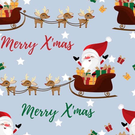 Santa claus in a sleigh with cute reindeer seamless pattern. Cute Christmas holidays cartoon character background.のイラスト素材