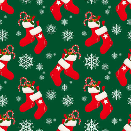 Christmas elements seamless pattern with Red sock with candy canes and holly leaves and berries ornate seamless pattern for greeting cards, wrapping papers etc.のイラスト素材