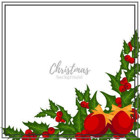 Christmas holiday season background with Holly berries branch and christmas ball with ribbon. Xmas greeting card.のイラスト素材