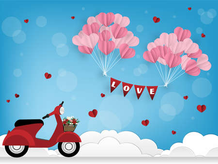 Valentine's Day background with red scooter with heart shape balloon on blue sky with white cloud background. Concept of love and valentine day.のイラスト素材