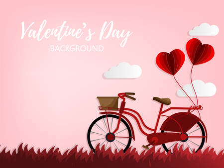 Valentine's Day background with red bicycle with red heart shape balloon on grass and red sky with cloud background. Concept of love and valentine day.のイラスト素材