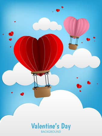 Vector illustration of two hot air balloons in a heart shape float on blue sky and white cloud background. Concept of love and valentine day, paper art style.のイラスト素材