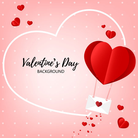 Valentines Day background with balloons in a heart shape hang envelope and heart frame. Concept of love and valentine day, paper art style.のイラスト素材