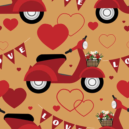 Valentine's Day seamless pattern with red scooter, LOVE text and red heart.のイラスト素材