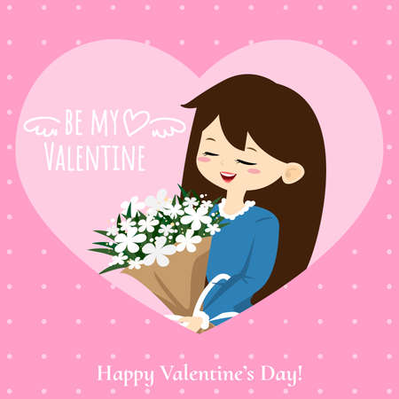 Valentines Day background with cute girl received a beautiful bouquet in happy moment.のイラスト素材