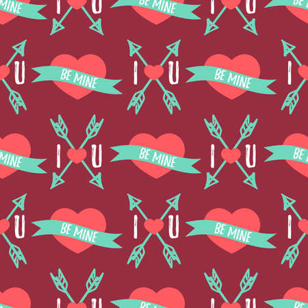 Valentine's Day seamless pattern with heart, arrow,I, U and BE MINE text. For Valentine's day concept.のイラスト素材