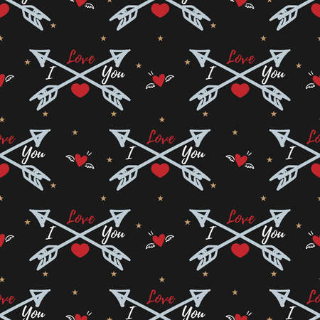 Valentine's Day seamless pattern with heart, arrow, star and I Love You text. For Valentine's day concept.のイラスト素材