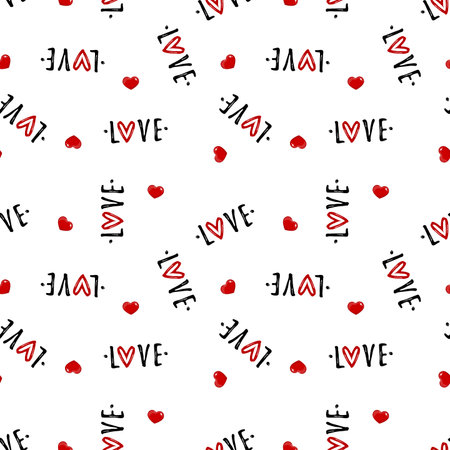 Valentine's Day seamless pattern with red heart and Love text.