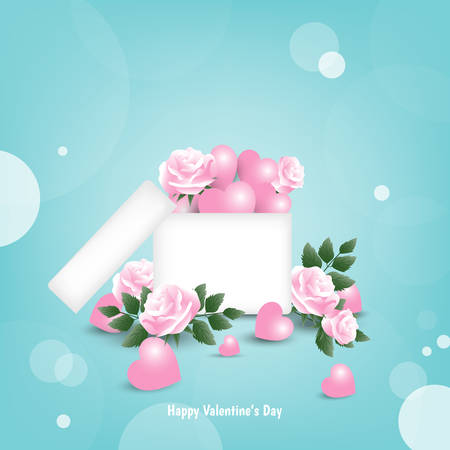 Valentine's day background with pink hearts and rose in white gift box and on the floor alound box and Happy Valentine's Day! text. Valentine's day concept for background, advertising and promotion.のイラスト素材