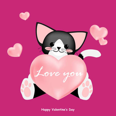 Valentine's Day background with cute cat and heart with Love you text.のイラスト素材