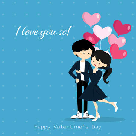 Valentine's Day background with cute couple with hearts shape balloons in happy moment.のイラスト素材