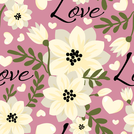 Valentines Day seamless pattern with white flowers, heart and Love text . Concept of love and...