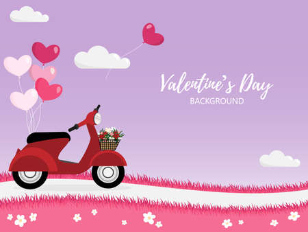 Valentine's Day background with scooter with heart shape balloon at road with pink meadow with sky and cloud.. Concept of love and valentine day.のイラスト素材