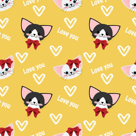 Valentine's Day seamless pattern with cute couple cats and heart with Love you text.のイラスト素材