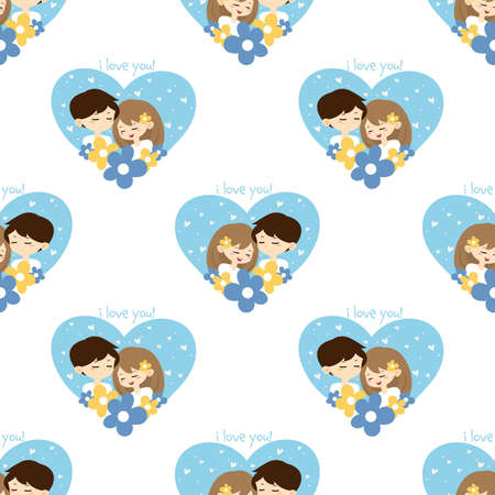 Valentines Day seamless pattern with cute couple in happy moment with i love you text.のイラスト素材