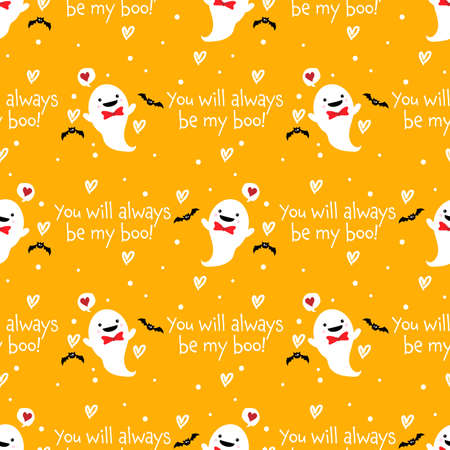 Valentine's Day seamless pattern with cute ghost and bats with You will always be my boo and Happy Valentine's Day text.のイラスト素材