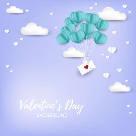 Vector illustration of pink tone balloons in a heart shape hang envelope floating on sky and white cloud background. Concept of love and valentine day, paper art style.のイラスト素材