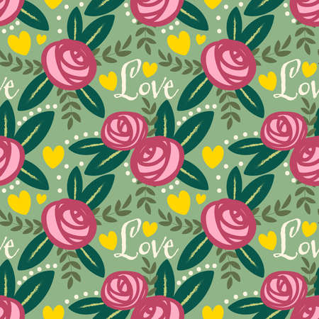 Valentines floral seamless pattern with Rose flowers with leaves and heart. For Valentine's day concept.のイラスト素材