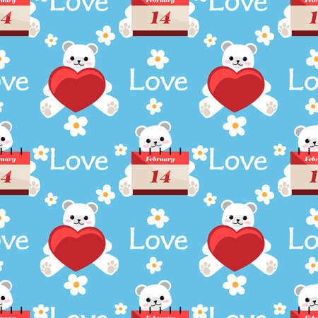 Valentine's Day seamless pattern with cute polar bear with calendar february 14 and red heart with flowers and Love text.のイラスト素材