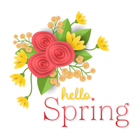 Craft paper flowers background with Hello spring text.のイラスト素材