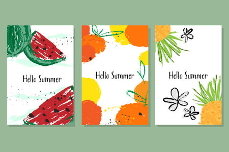 Hello Summer banner collection. Summer layout design, greeting card, poster, template design, vector illustration.のイラスト素材