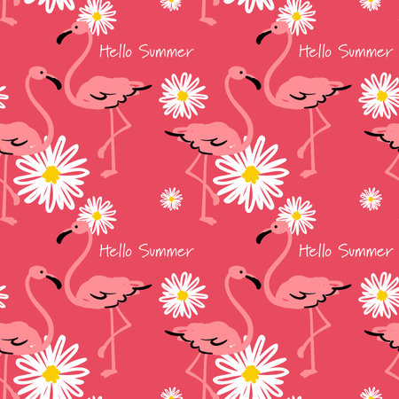 Flamingo, flower and Hello Summer text seamless pattern background. Pink flamingo vector background...