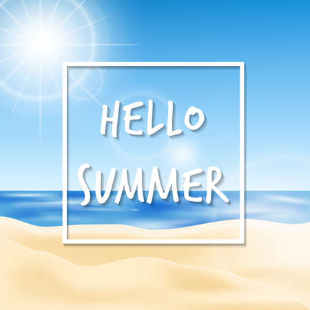 Hello Summer background, vector illustration of the beach with blue sky and sunlight. Seaside view.のイラスト素材
