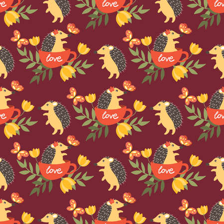Cute porcupine in a cup with Love text, flower and butterflies seamless pattern.のイラスト素材