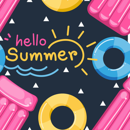 Hello Summer seamless pattern with swimming life ring and suntanner Inflatable Lounge.