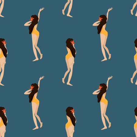 Summer seamless pattern with girl in swimming suit. Vector illustration.のイラスト素材