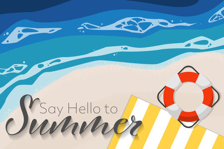 Summer holiday banner background with lifebuoy and and picnic mat on the beach with Say Hello to...