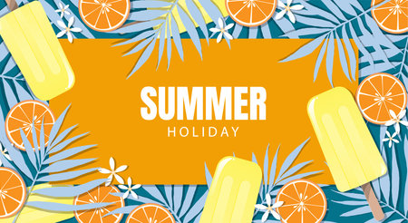 Summer holiday banner design, with Popsicles ice-cream, leaves and orange for summer season. Vector...