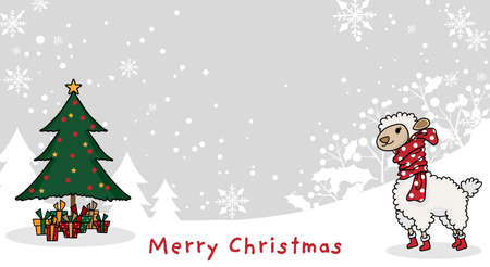 Christmas holidays season background of cute alpaca in winter costume with Christmas tree and gift boxes on snow hill with snowflakes and Merry Christmas text. Vector illustration in doodle style.のイラスト素材