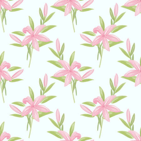 Seamless pattern with cute lily flower branches with leaves in watercolor style on white background. Vector illustration.のイラスト素材
